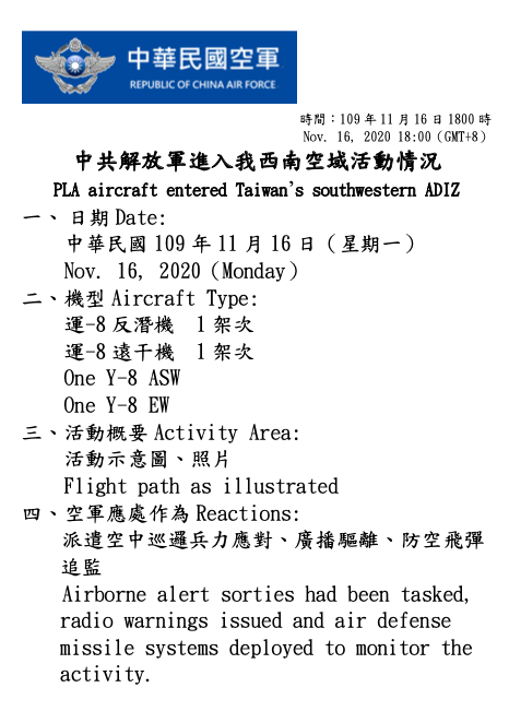 Taiwan: 2 PLA Y-8 ASW and Y-8 EW aircraft entered southwest Taiwan ADIZ on November 16, with flight paths shown. ROCAF deployed patrol aircraft and air defense missile systems to monitor activities