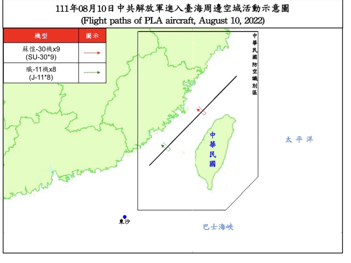 Taiwan Ministry of Defense:10 PLAN vessels and 36 PLA aircraft around our surrounding region were detected today (August 10, 2022) until 1700(GMT+8). ROCArmedForces have monitored the situation and responded to these activities with aircraft in CAP, naval vessels, and land-based missile systems