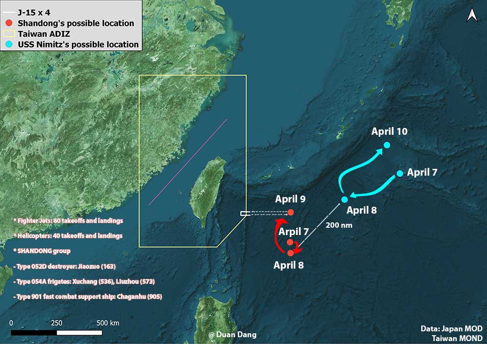 Latest update on aircraft carriers in the waters east of Taiwan, based on newly released information by Japan's Ministry of Defense
