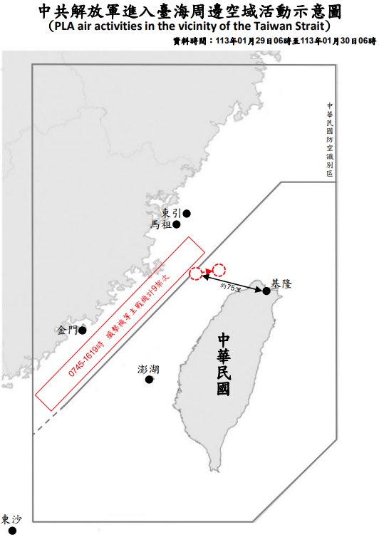 Taiwan Ministry of Defense:9 PLA aircraft and 4 PLAN vessels were detected operating around Taiwan until 06:00 (UTC 8) today. ROCArmedForces monitored the situation and tasked appropriate forces to respond
