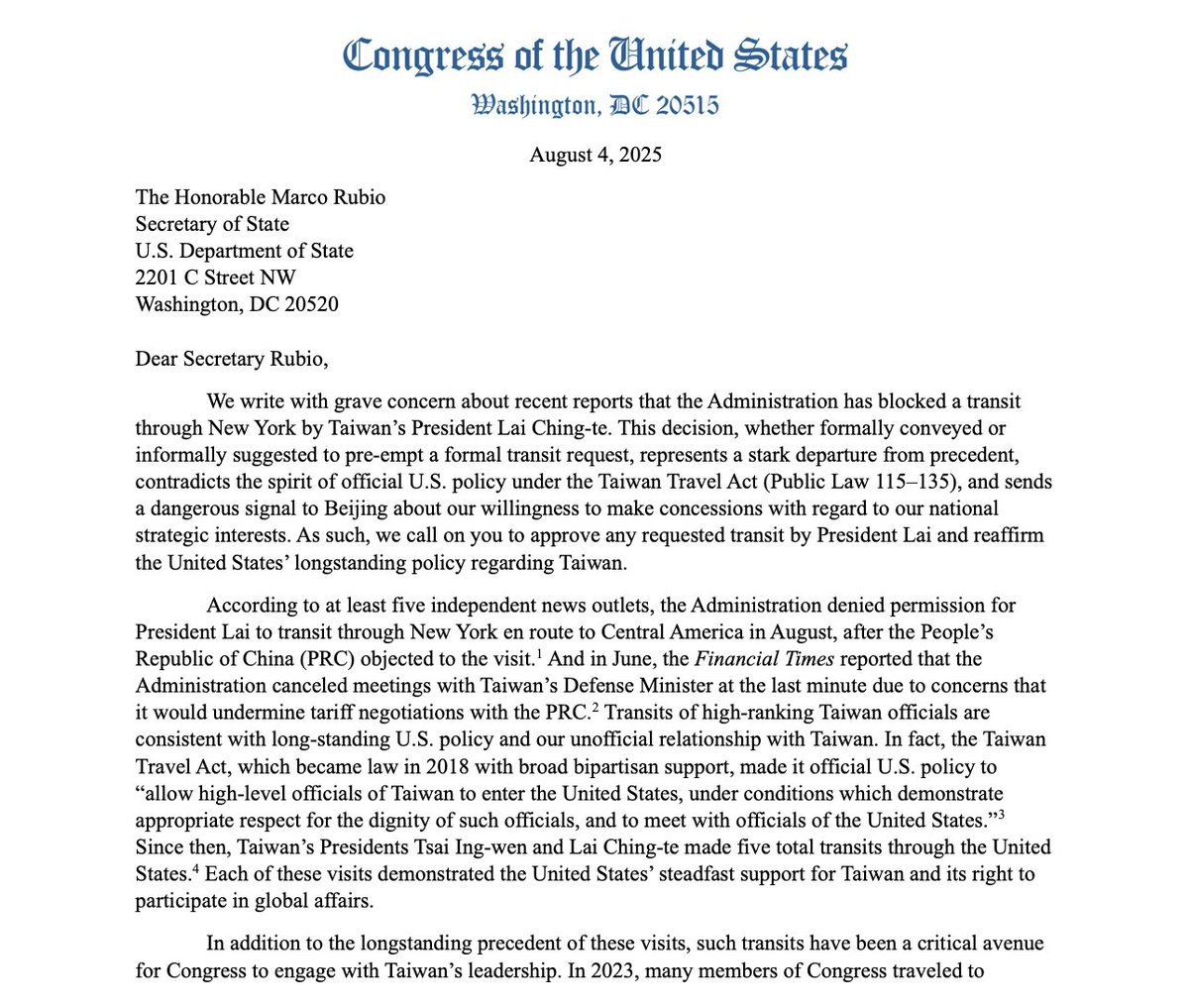 House Democrats urge Rubio to approve transits for Taiwan's President Lai Ching-te, after reports a previous transit was blocked. They call the decision a stark departure from precedent and warned against using Taiwan as a bargaining chip in negotiations with China